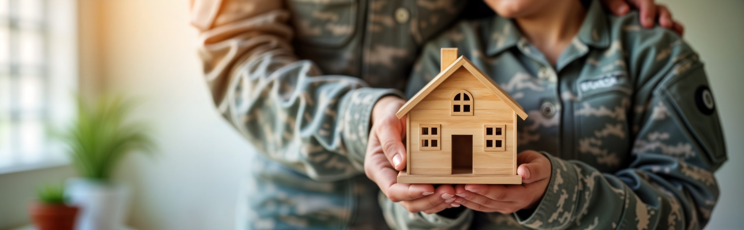 Military couple holds small wooden house model. Soldier and spouse show homeownership dream. Real estate veteran benefit. Family new home. Housing program.
